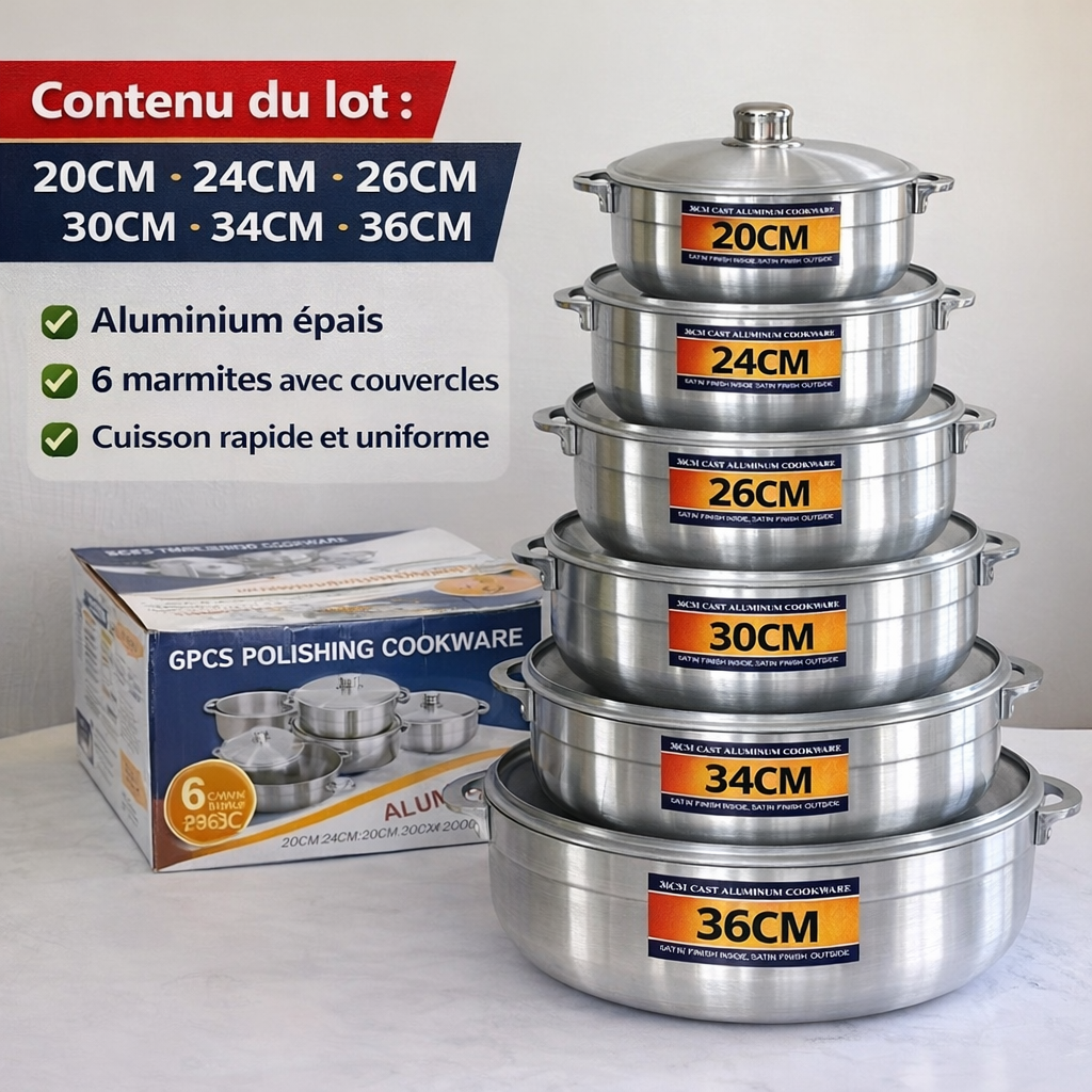 Set Marmites Aluminium Épais 6 Pièces – Élégance & Puissance en Cuisine